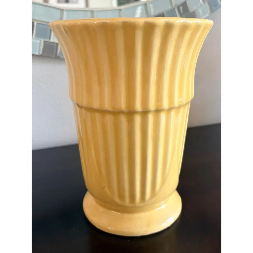 Vtg Yellow USA Pottery Vase Ribbed Fluted Art Deco Mid Century Ceramic Planter